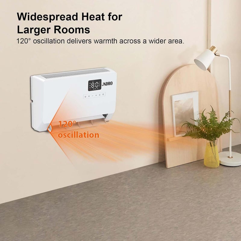 JNDRO Wall-Mounted Space Heater with ECO Thermostat and Remote Control, LED Display, 60°/90°/120° Oscillation Modes, 24-Hour Timer, Indoor Electric Space Heater - Image 5